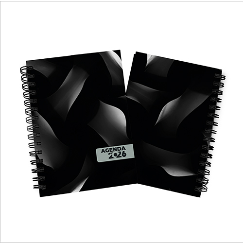 Agenda 2026 15X21cm com capa dura em papel empastada com cartão e debrú, laminação Prolan Wire-O e miolo pronto
